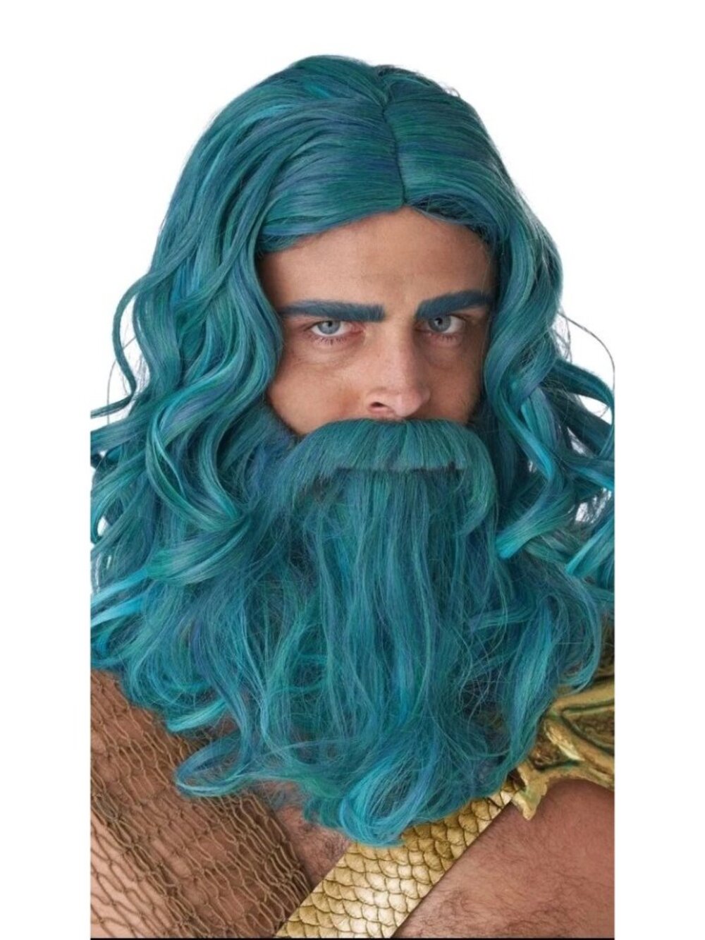 Ocean King Poseidon Neptune Adult Wig and Beard Set Blue Hair Halloween New